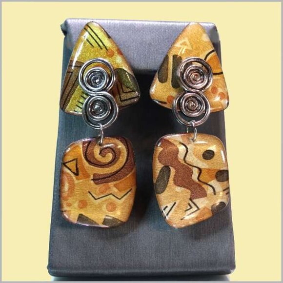 1980s Gold Modern Mosaic Dangle Vintage Pierced Earrings - Picture 1 of 5